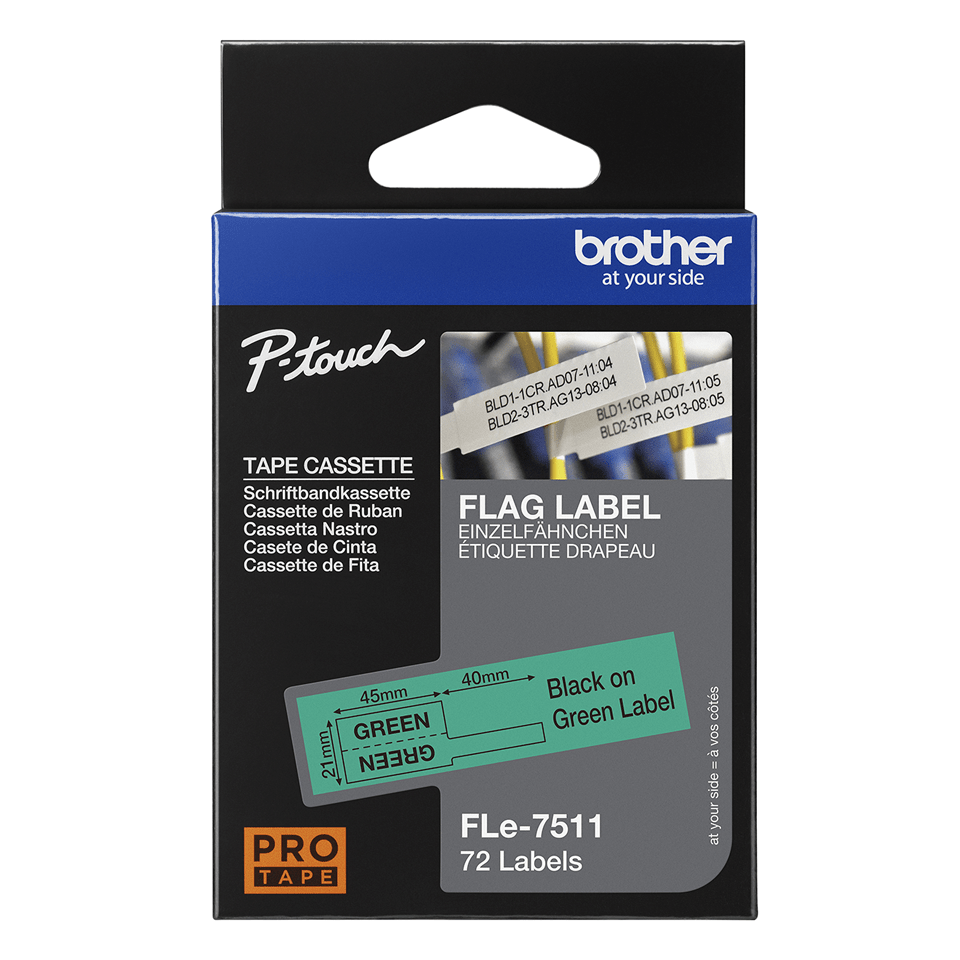 Cassette de ruban d'étiquettes prédécoupées Brother FLe-7511 noir sur vert, largeur 21mm 3